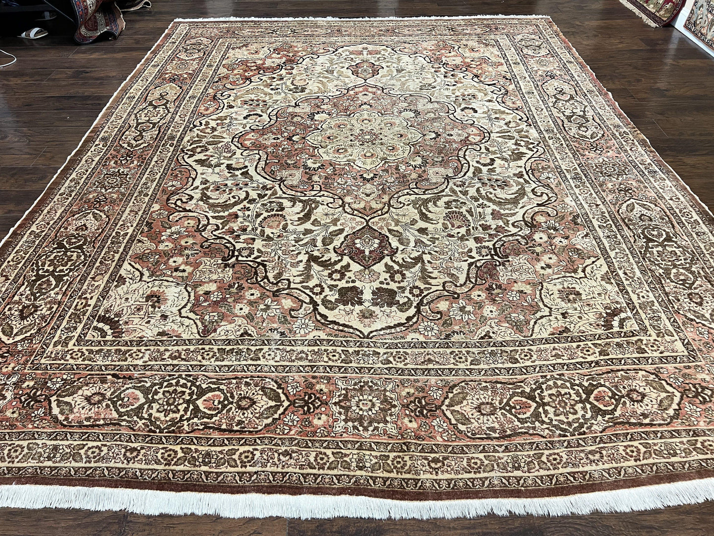 Antique Persian Tabriz Rug 10x12 Hand Knotted Wool Carpet Floral Medallion Beige and Light Red