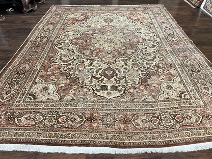 Antique Persian Tabriz Rug 10x12 Hand Knotted Wool Carpet Floral Medallion Beige and Light Red