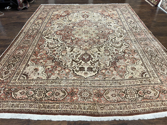 Antique Persian Tabriz Rug 10x12 Hand Knotted Wool Carpet Floral Medallion Beige and Light Red