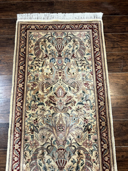 Pakistani Runner Rug 2.8 x 14 Handmade Wool Cream Floral Hallway Accent