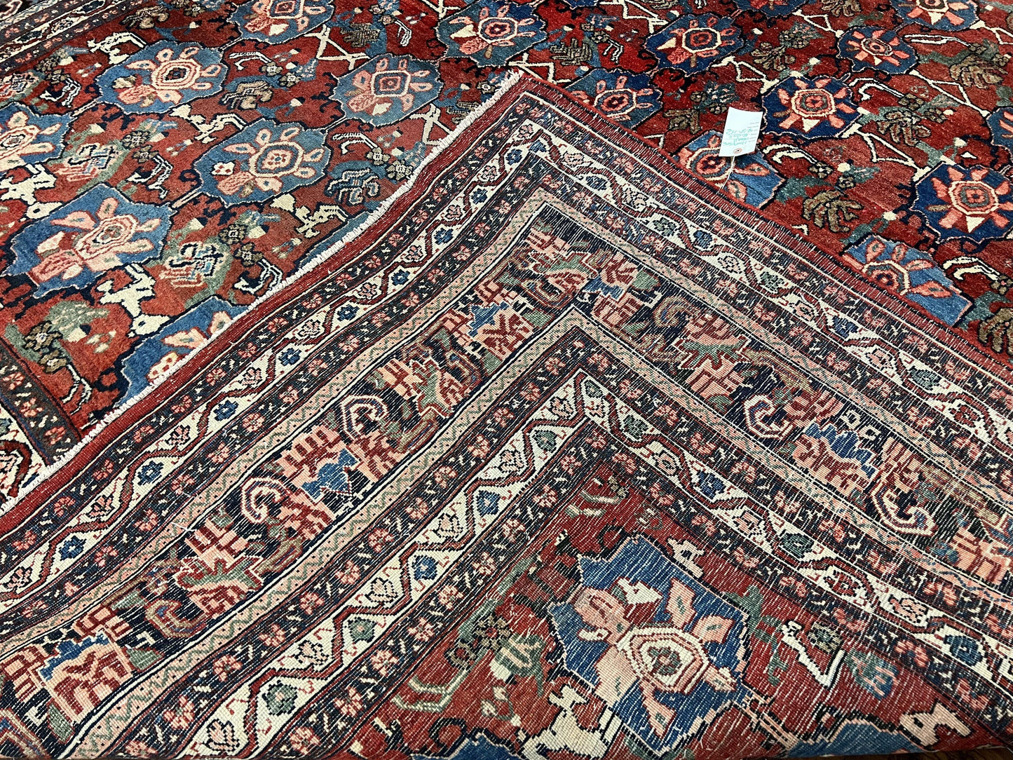 Antique Persian Bijar Rug 9x12 Allover Motif Red Blue Wool Handmade