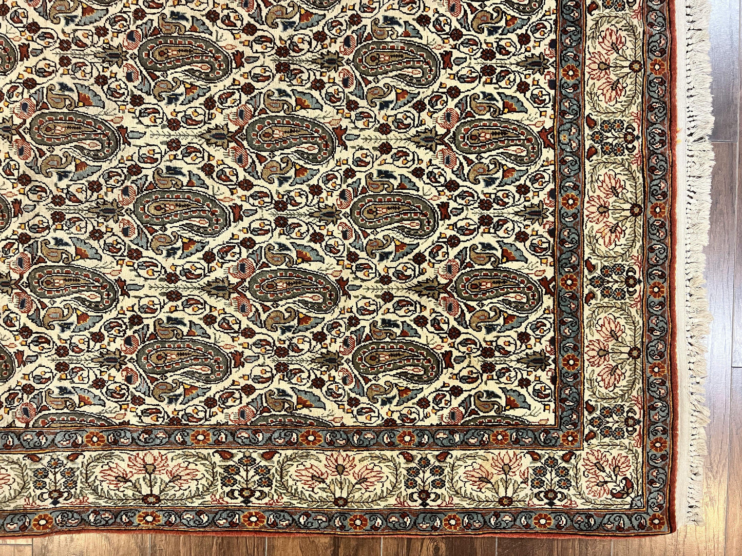Persian Qum Rug 5x6 Cream Wool Hand Knotted Carpet With Repeated Boteh Paisley Design Semi Antique Vintage