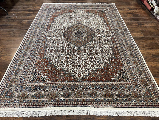 Indo Persian Hand Knotted Wool Rug 7x10 Cream Medallion Vintage Oriental Carpet
