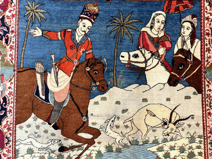 Persian Kashan Pictorial Rug 6x9 Hand Knotted Wool Wall Hanging King Bahram Hunting Scene Antique