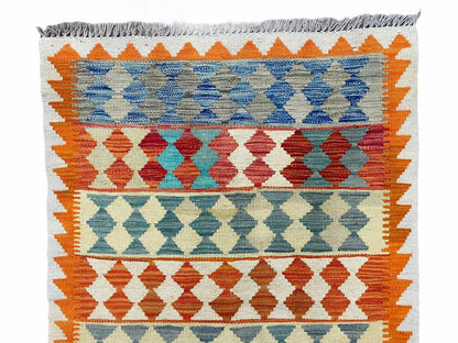 Chobi Kilim Rug 3x4 Colorful Diamond Pattern Turkish Wool Flatweave Handmade