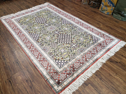 Kashmiri Silk Rug 5x8 Indian Handmade With Gold Threads Luxury Vintage Style