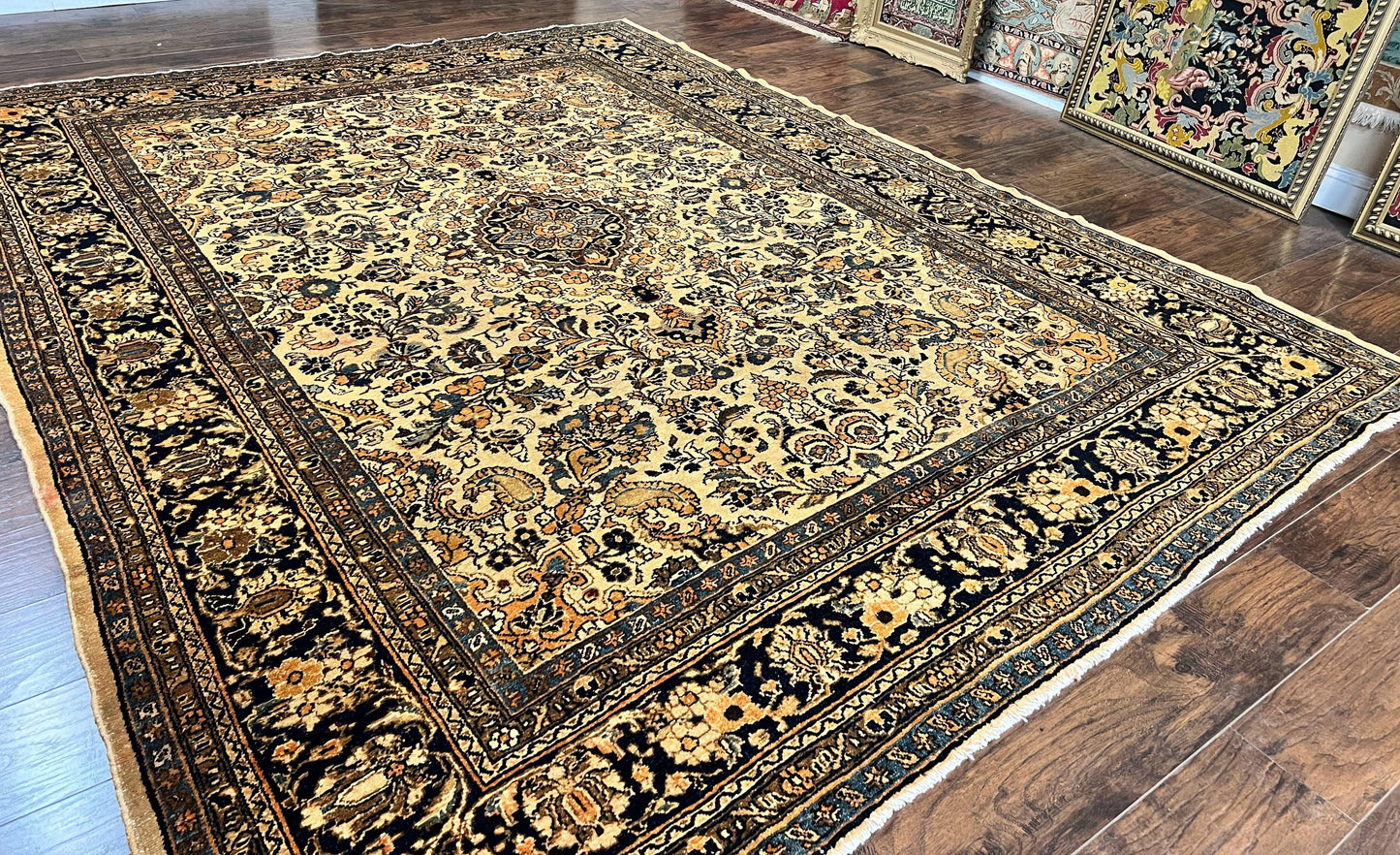 Antique Persian Rug Wool 9x11 Hand Knotted 1920s Hamadan Anjelas Floral Cream Black