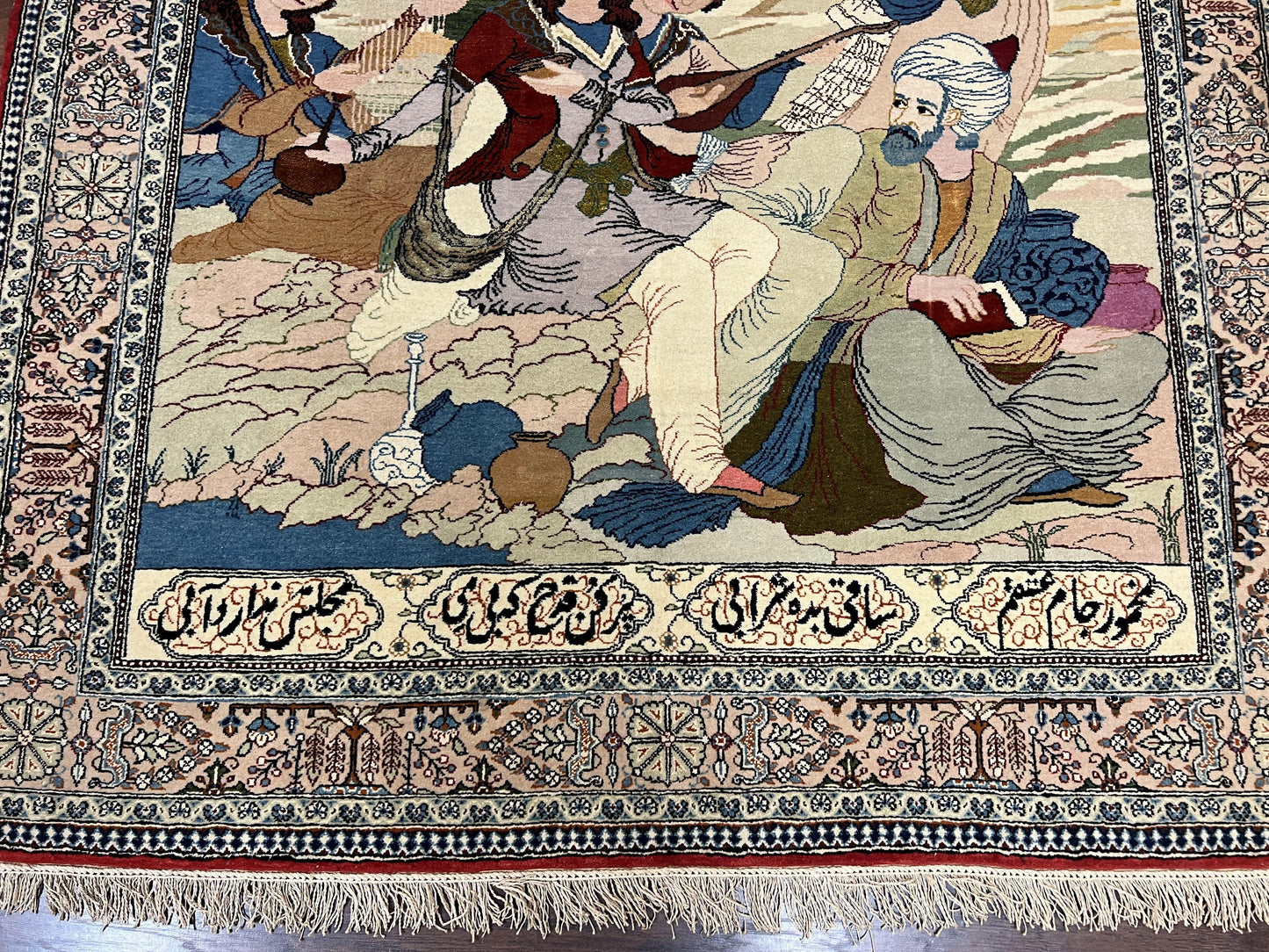 Persian Qum Pictorial Rug Vintage 5x7 Hand Knotted Wool and Silk