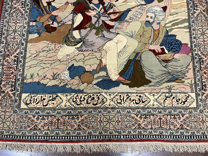 Persian Qum Pictorial Rug Vintage 5x7 Hand Knotted Wool and Silk