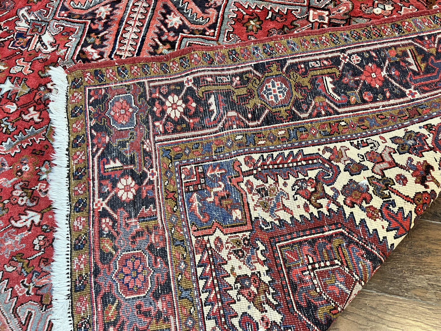 Persian Heriz Rug 10x13 Wool Hand Knotted Antique Carpet Red Ivory Geometric Tribal