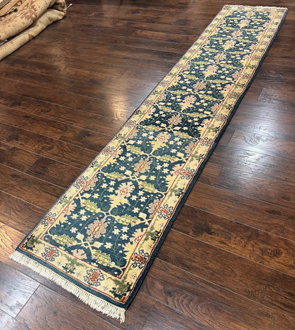 Indo Mahal Wool Hand Knotted Runner Rug 2.6 x 12 Navy Blue Beige Oriental Hallway Rug