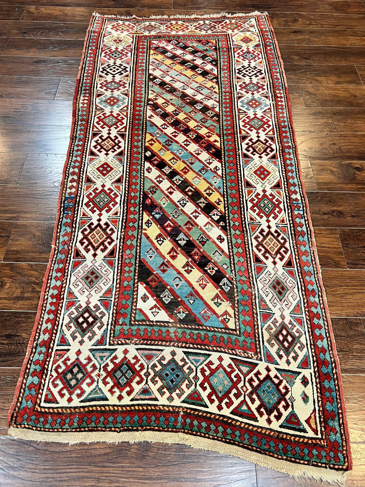 Caucasian Kazak Runner Rug Hand Knotted Wool Antique 1880s Ivory And Multicolor Striped Hallway Rug