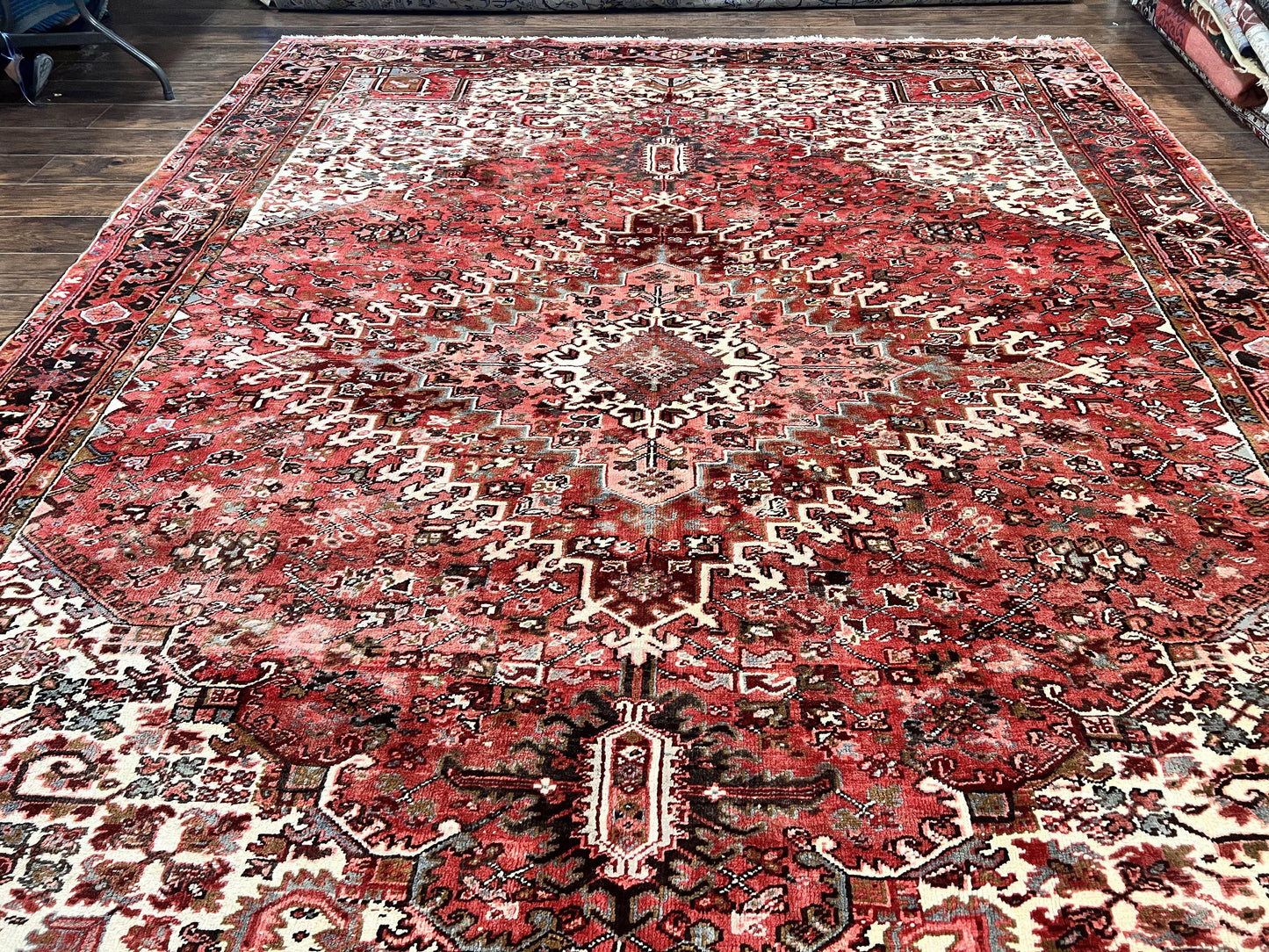 Persian Heriz Rug 10x13 Handmade Wool Hand Knotted Red Cream Geometric Tribal Semi Antique Carpet