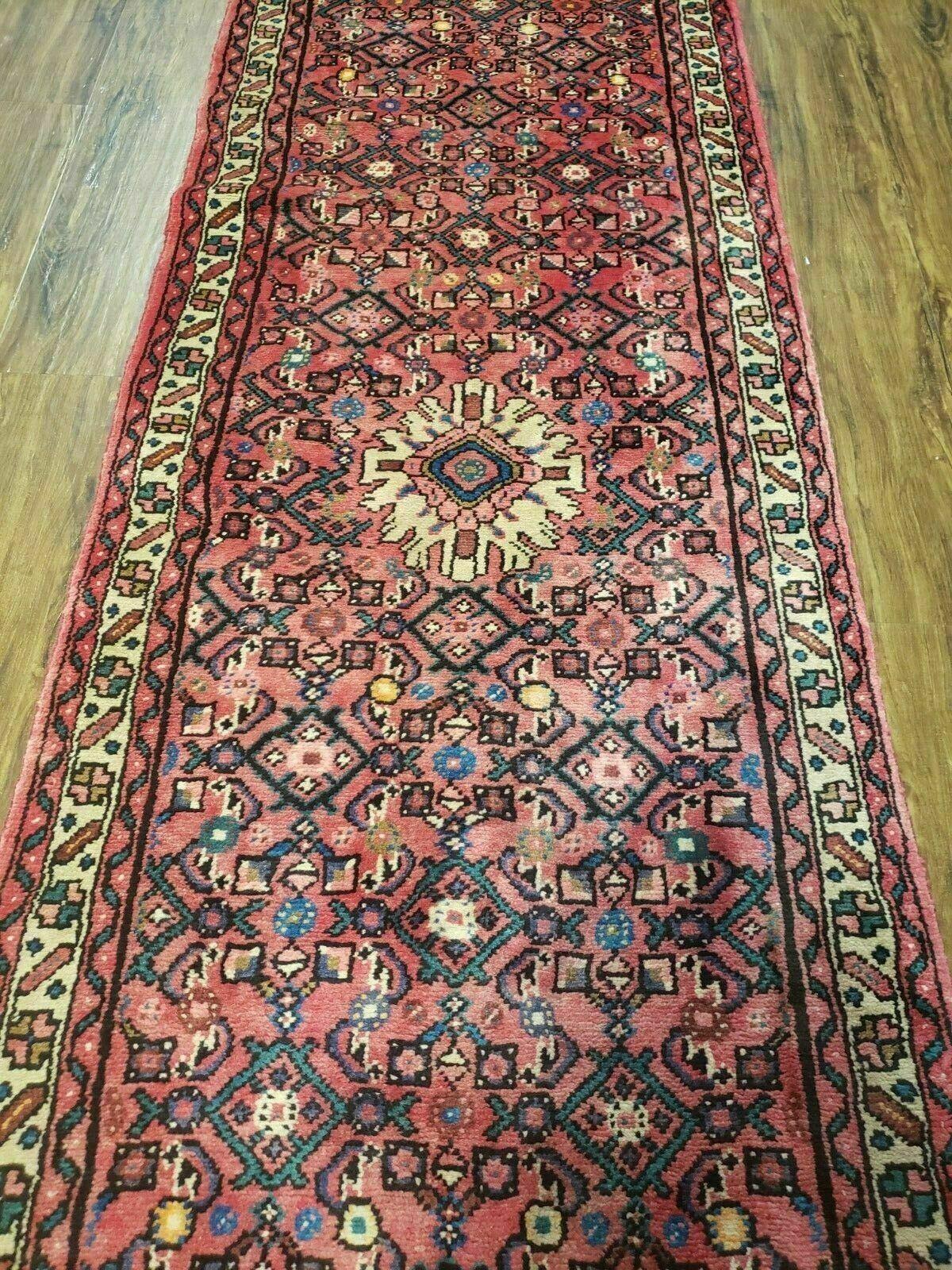 Persian Hamadan Runner Rug 2ft 8in X 13ft 9in Vintage Handmade Wool Red