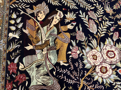 Persian Qum Pictorial Rug With Layla Majnun Birds In Garden Scene 4.8 By 6.5