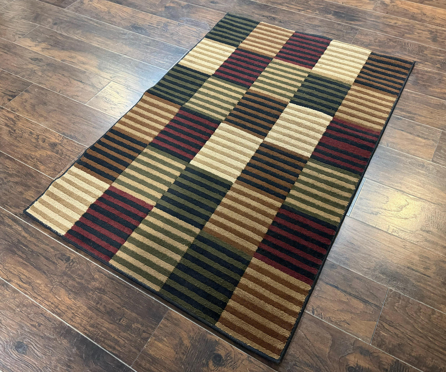 Vintage Power Loomed Wool Rug 3.6 X 5 Box Design In Brown Beige Black Tan