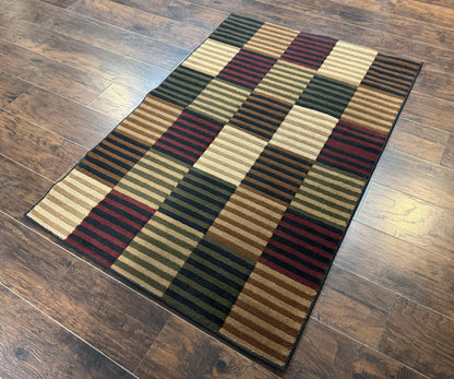 Vintage Power Loomed Wool Rug 3.6 X 5 Box Design In Brown Beige Black Tan