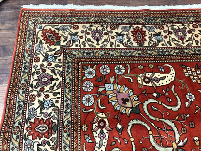 Romanian Rug Vintage Hand Knotted Wool Carpet 10x13 Floral Birds Red Cream Signed Masterweaver