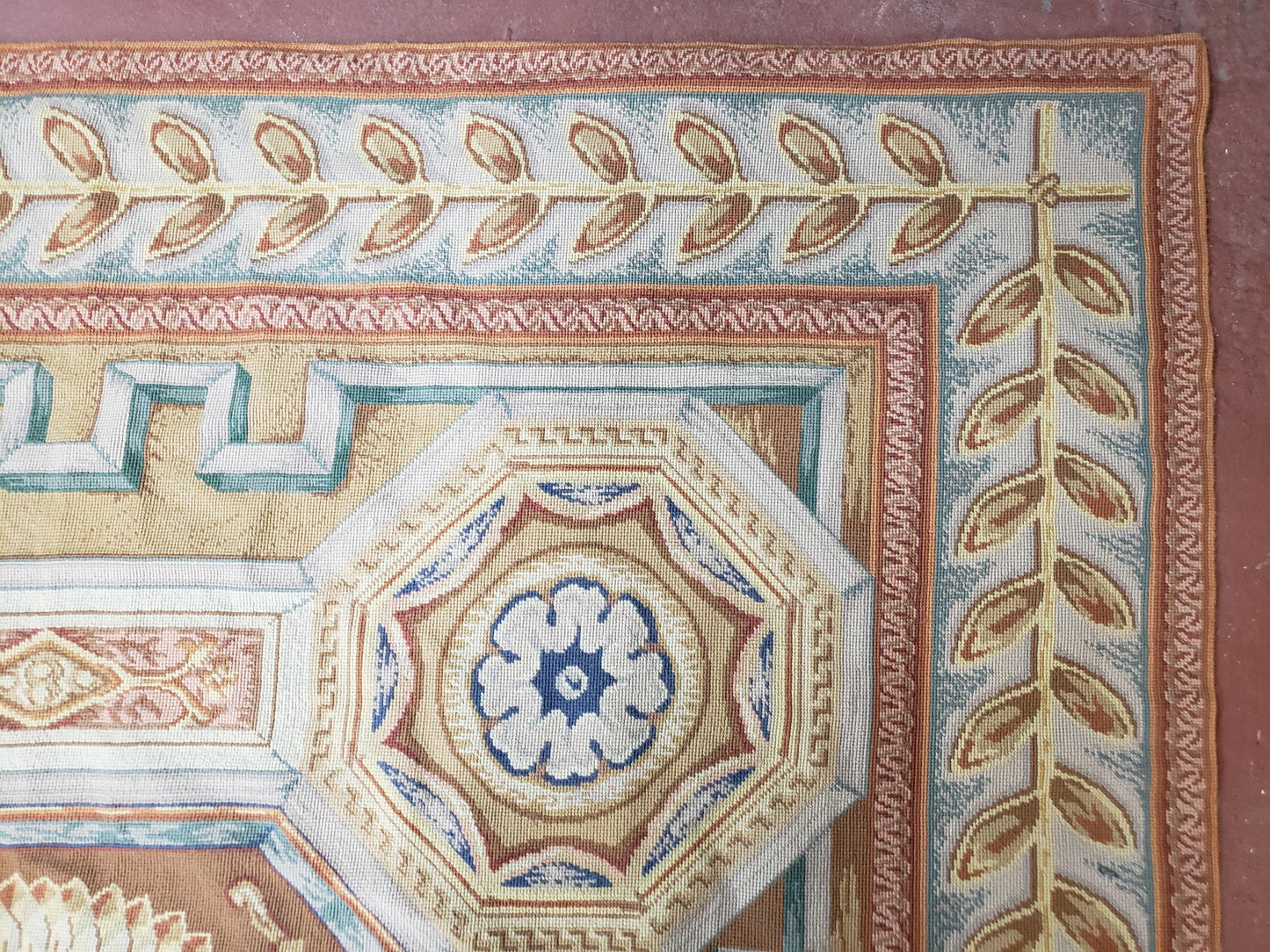 Needlepoint Wool Rug Handmade 8x14 Flatweave Panel Design For Dining Room