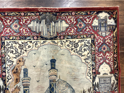 Persian Isfahan Pictorial Rug Hand Knotted 3.6x5.7 Wool Silk Highlights Signed By Masterweaver Handmade