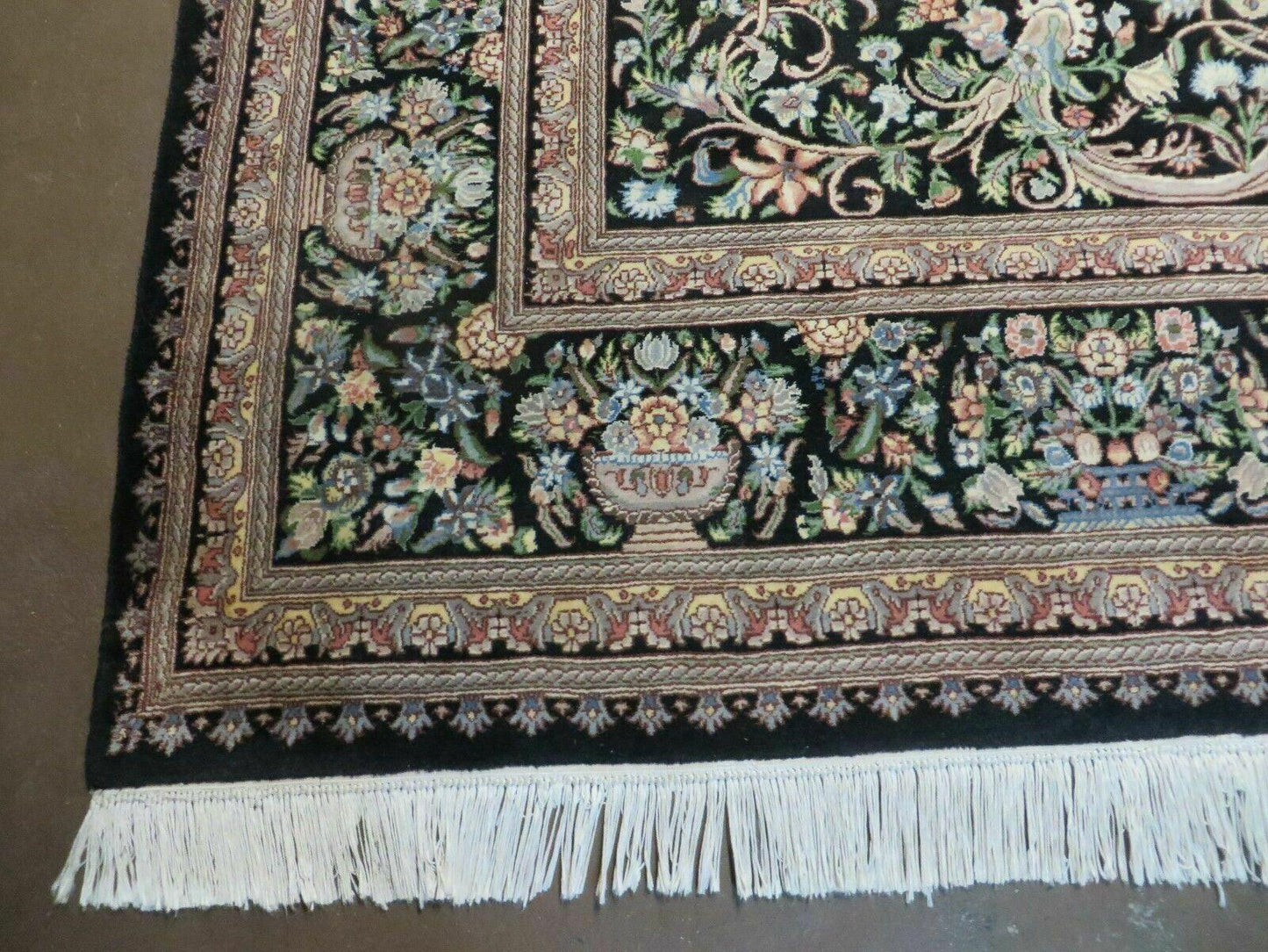 Vintage Handmade Pakistani Floral Wool Rug 8x10 Black Full Pile