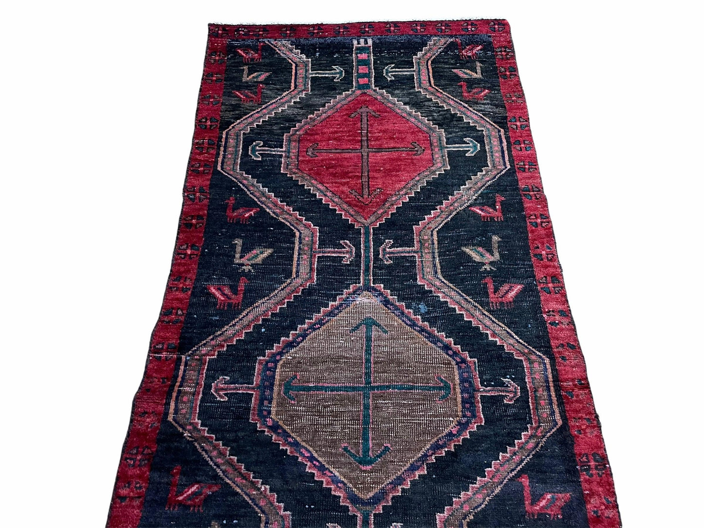 Handmade Wool Tribal Runner Rug 3X7 Geometric Boho Red Blue Organic Dyes
