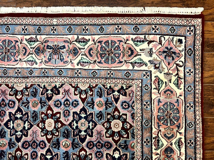 Indo Persian Rug 8x10 Handmade Vintage Wool Floral Allover Pattern Navy Ivory