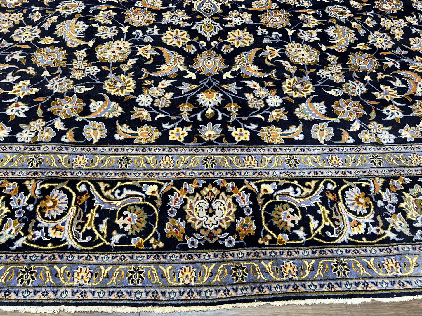 Navy Blue Persian Kashan Rug 11x13 Hand Knotted Wool Antique Carpet Signed Rabani