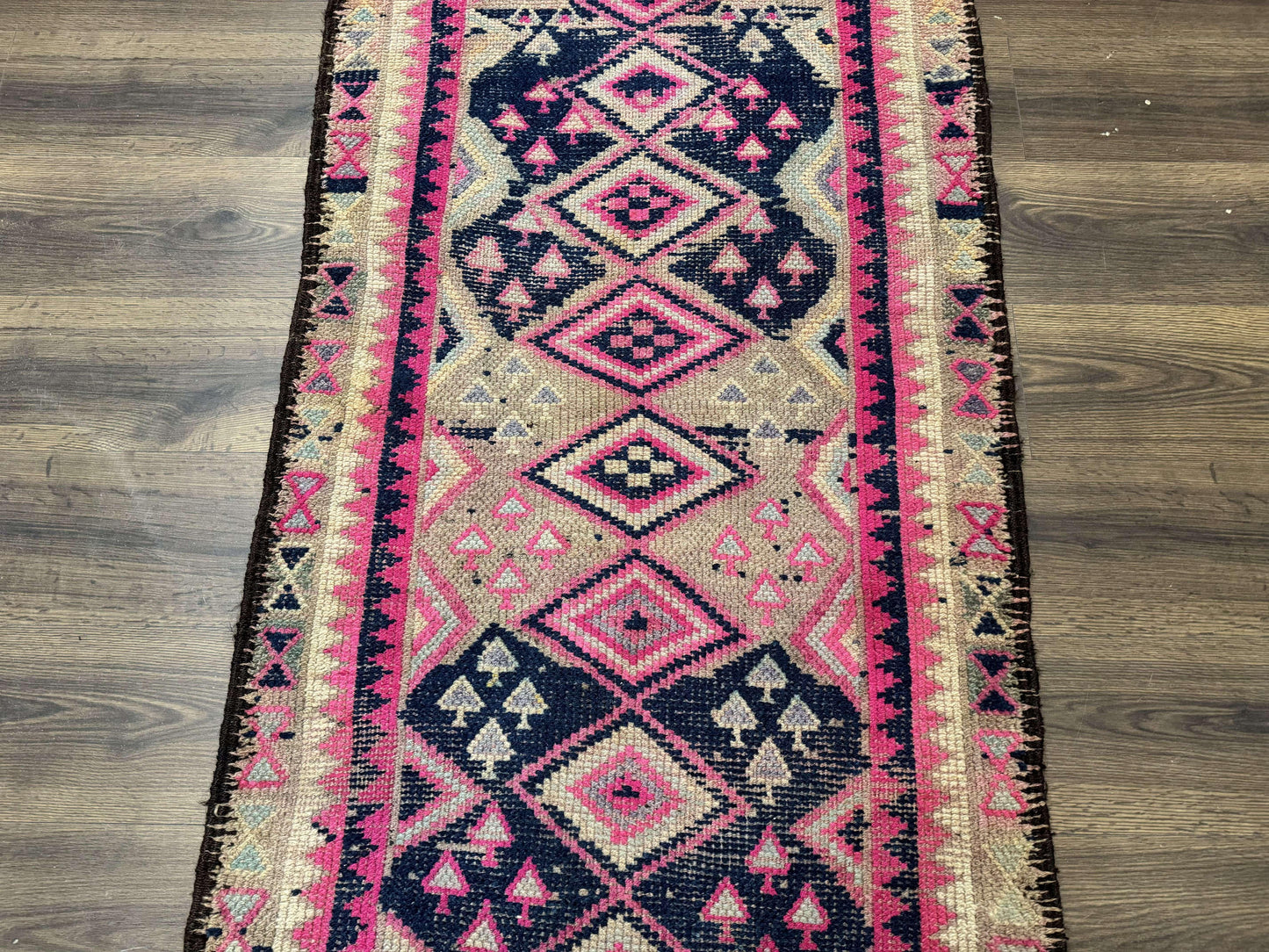 Turkish Runner Rug 3x10 Pink And Navy Blue Bohemian Hallway Kitchen Vintage Geometric Tribal