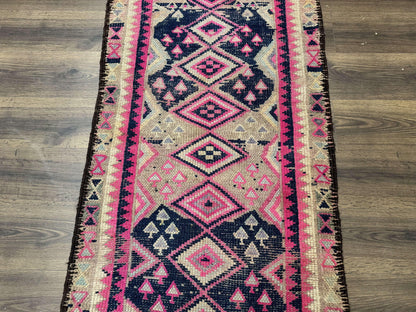 Turkish Runner Rug 3x10 Pink And Navy Blue Bohemian Hallway Kitchen Vintage Geometric Tribal