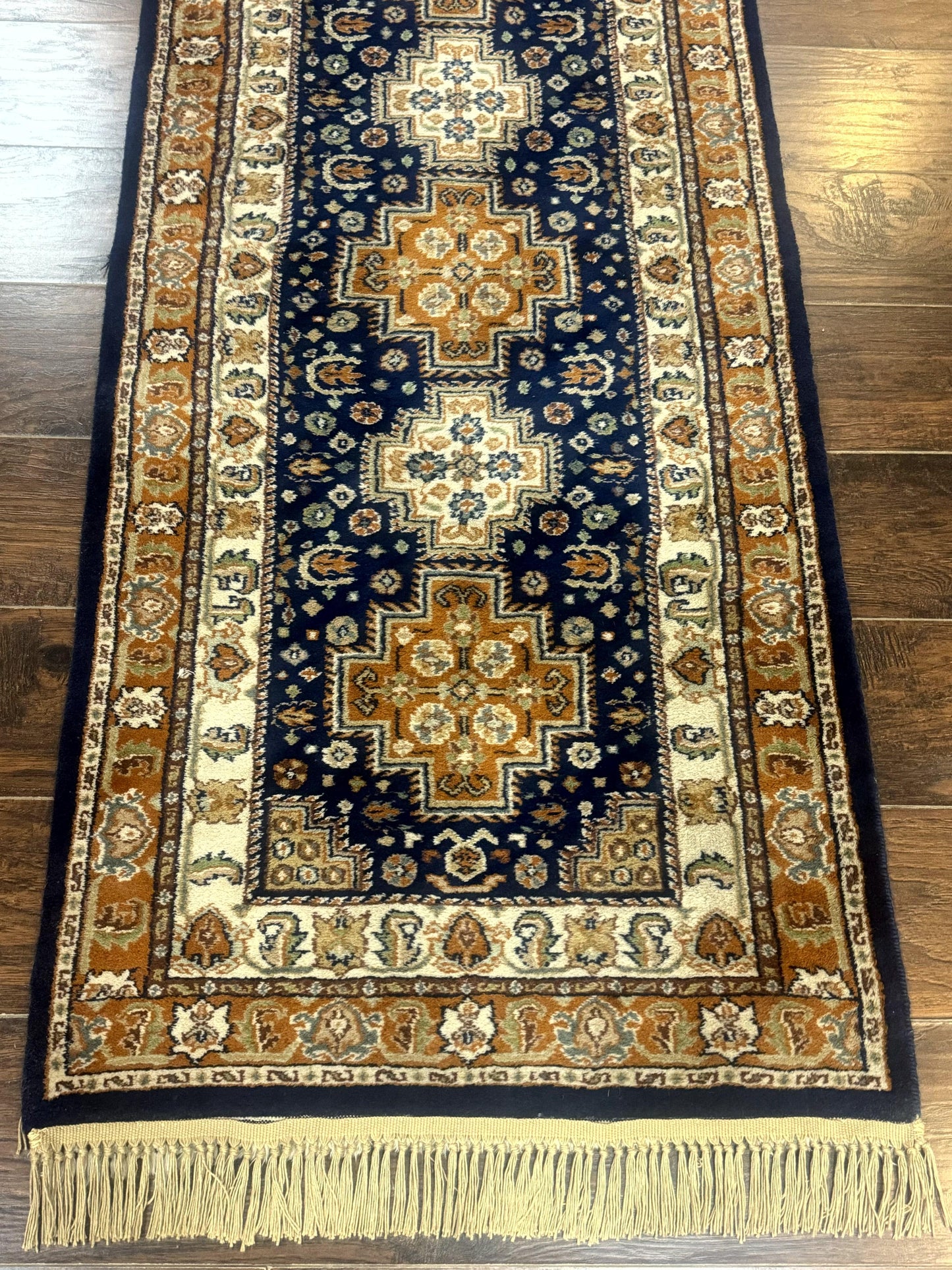 Indo Persian Kashmiri Wool Runner Rug 2.6x12.7 Navy Blue Geometric Medallions Handmade