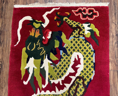 Vintage Chinese Dragon Rug 3x6.8 Handmade Hand Knotted Red Gold Dragon Art Deco Runner
