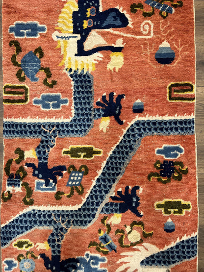 Ningxia Pillar Rug Hand Knotted Wool Carpet Five Clawed Dragon Border Late Qing Dynasty 3x8 Collectible