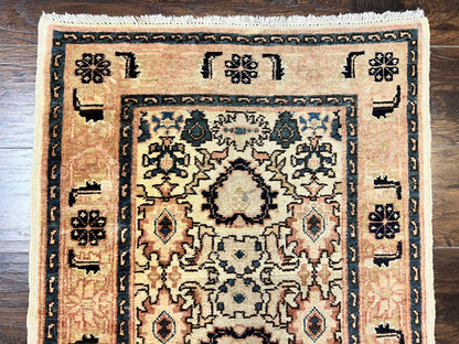 Romanian Wool Runner Rug Hand Knotted 2.6x12.9 Ft Floral Allover Vintage Tan Hallway