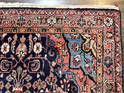 Sarouk Persian Rug Jozan 3x5 Navy Blue And Coral Medallion Handmade Wool