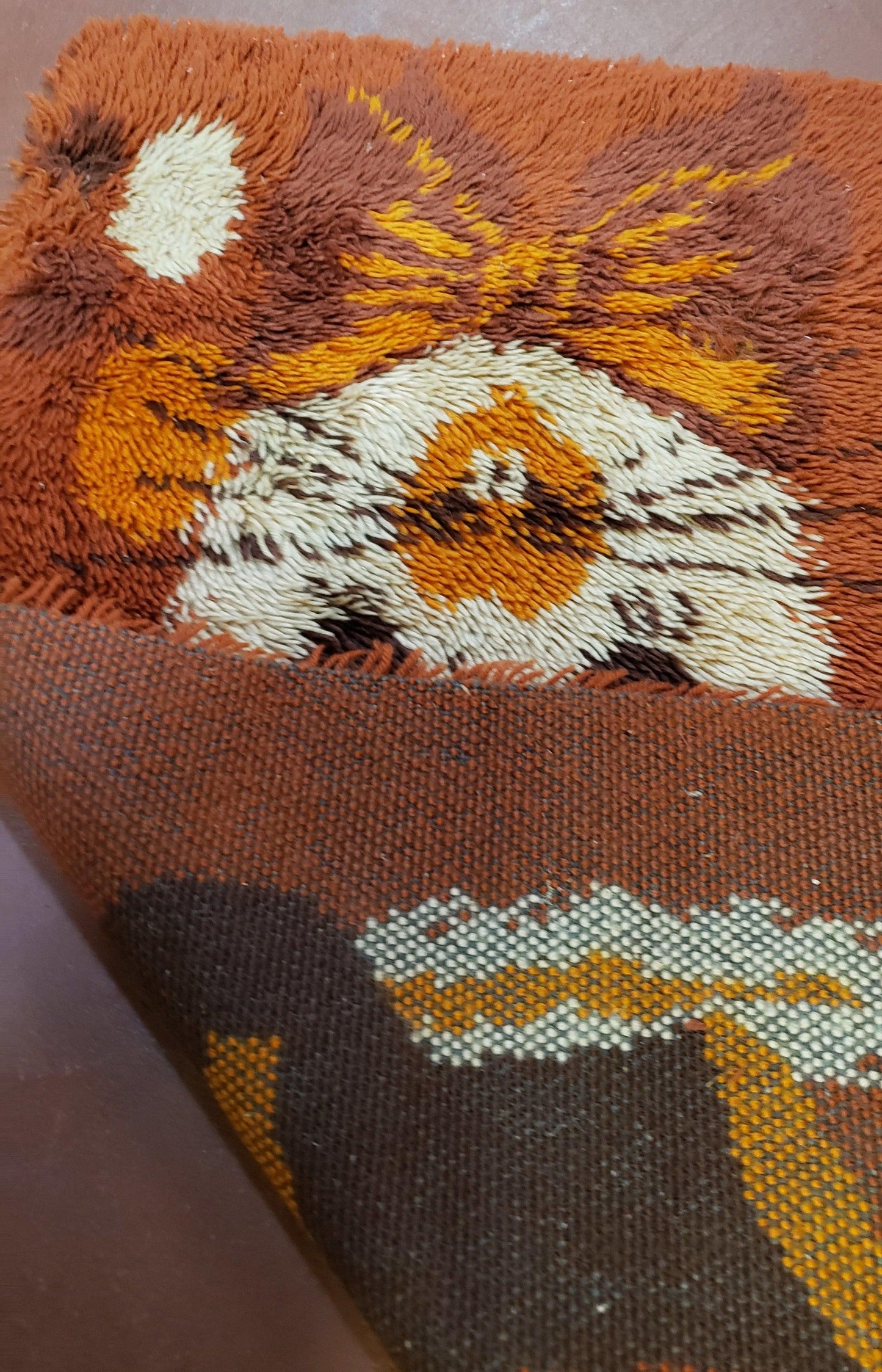 Rya Shag Rug 2x3 Mid Century Modern Danish Wool Accent Rug Dark Orange 1960s Style