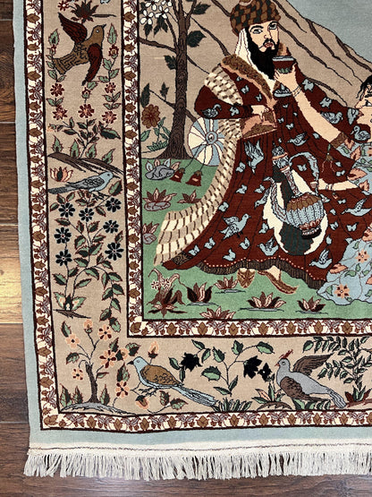 Indo Persian Pictorial Rug 4x7 Hand Knotted Wool Semi Antique Handmade Bird Pictorial Rug