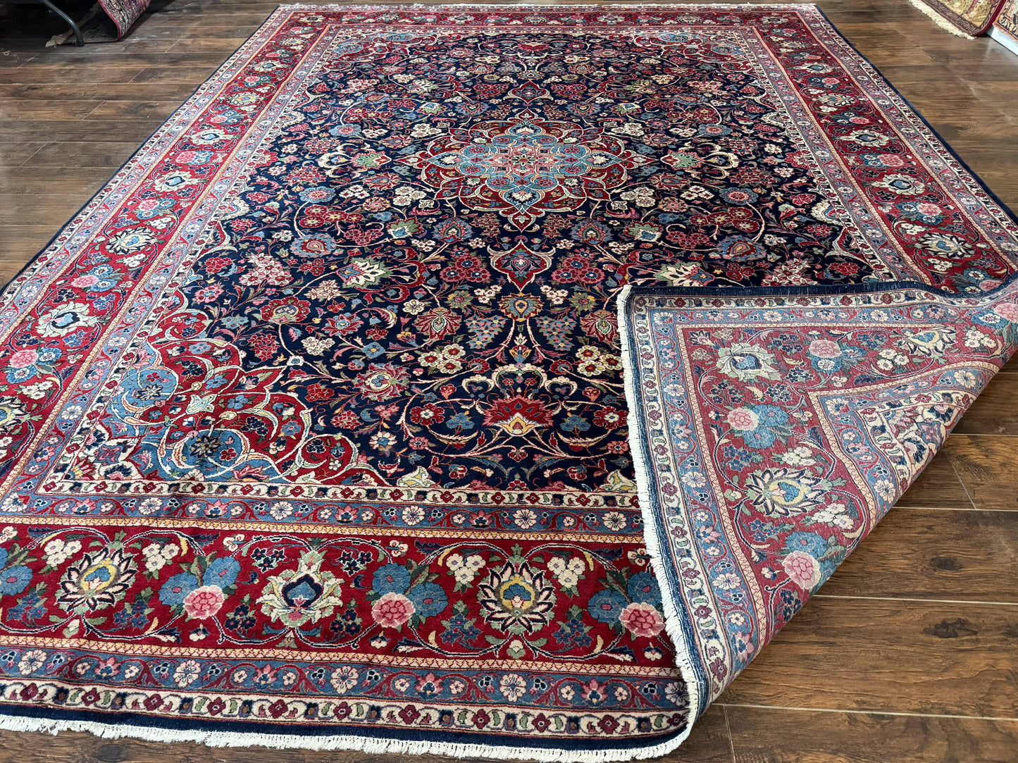 Navy Blue Persian Kashan Rug 9x12 Antique Carpet Wool 200 KPSI