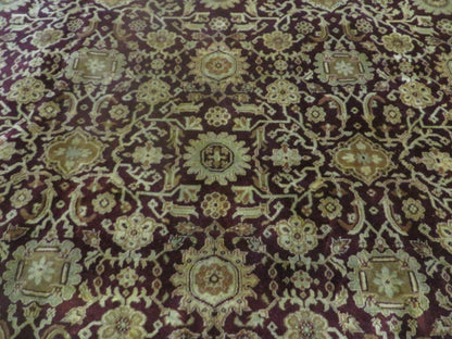 Indian Agra Rug 10x14 Vintage Handmade Wool Carpet Maroon Floral Design