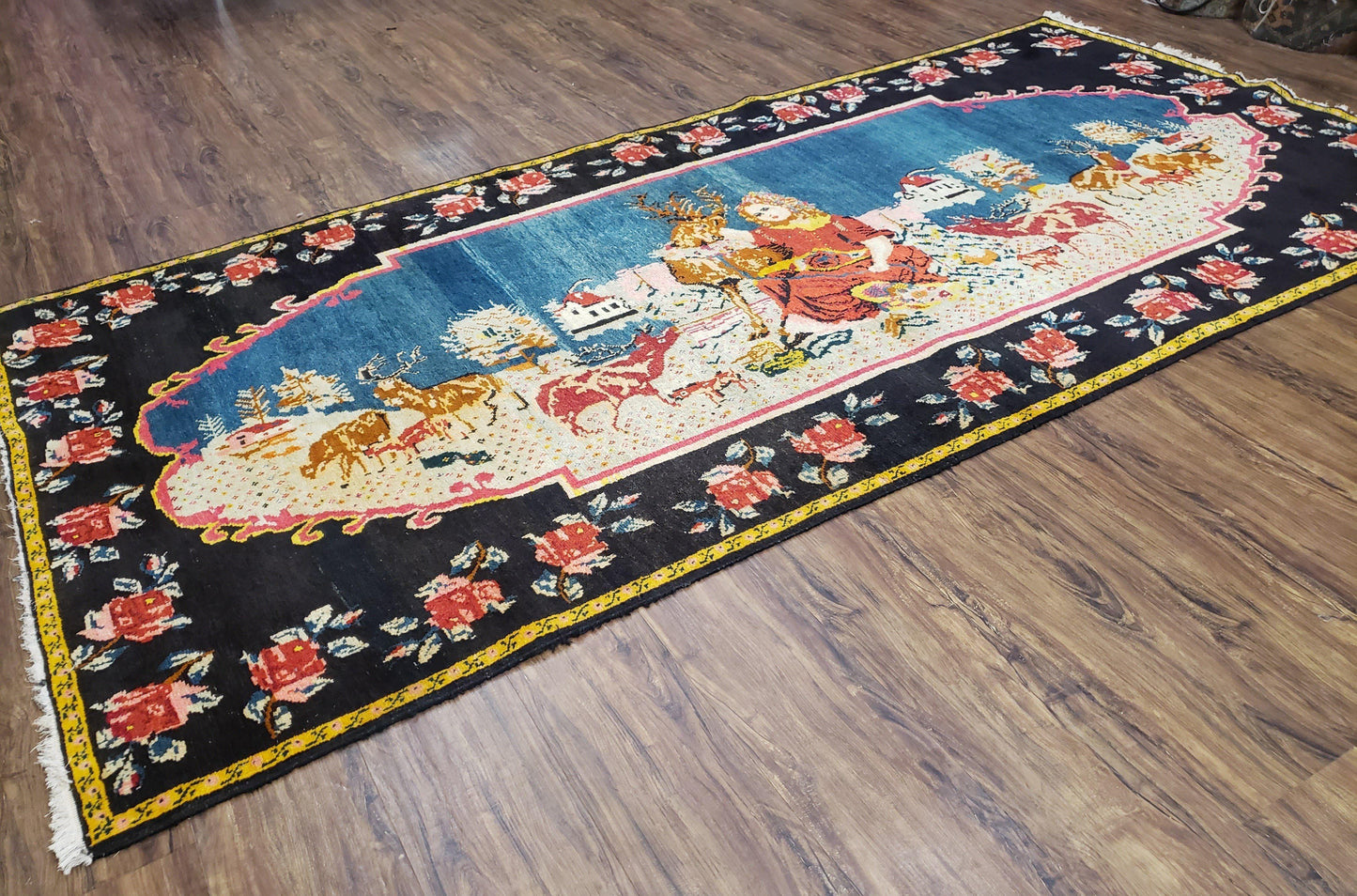 Antique Persian Pictorial Rug Hand Knotted Wool Carpet 4ft 6in By 9ft Blue Roses Caucasian