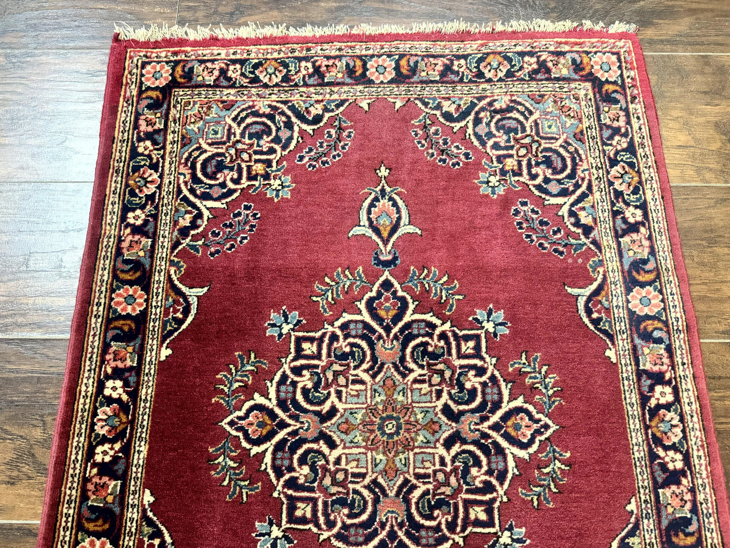 Persian Kashan Rug 2x3 Small Handmade Vintage Wool Semi Antique Carpet Red Navy