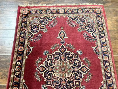 Persian Kashan Rug 2x3 Small Handmade Vintage Wool Semi Antique Carpet Red Navy