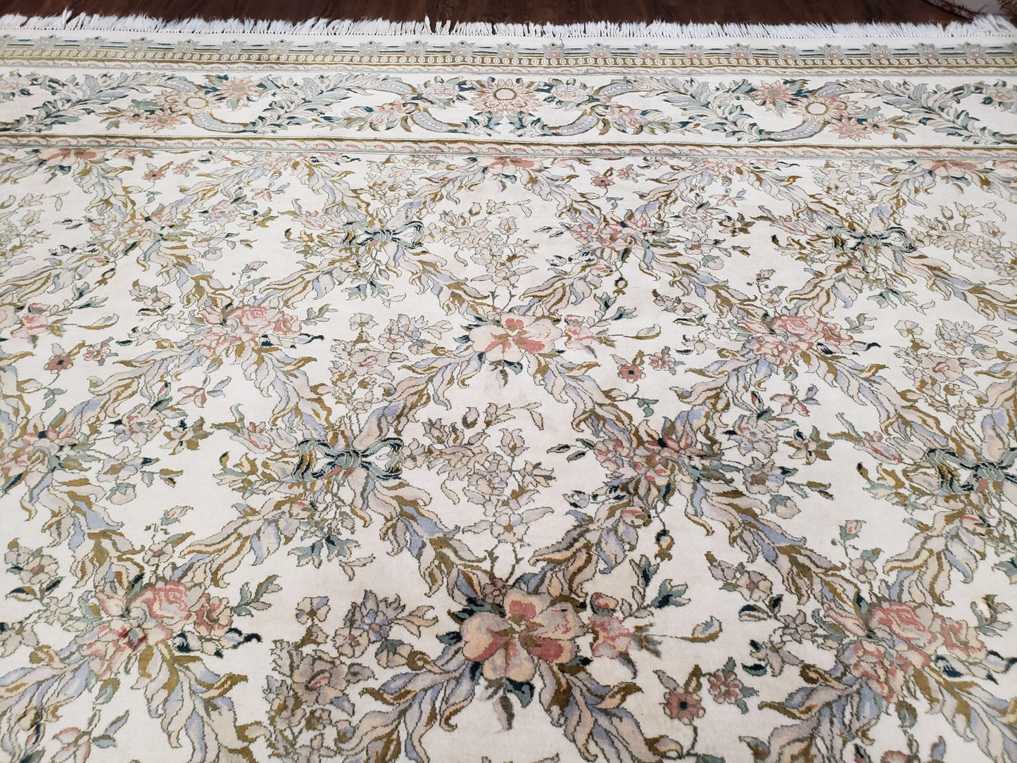 Pak Persian Floral Rug Hand Knotted Wool 11 x 12.6 Ivory Vintage