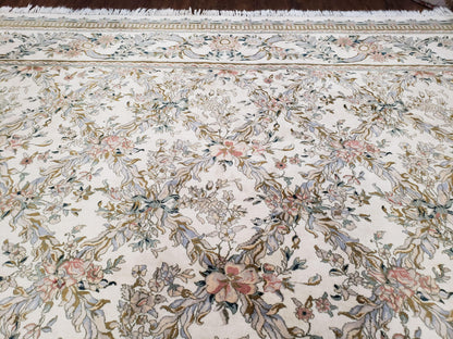 Pak Persian Floral Rug Hand Knotted Wool 11 x 12.6 Ivory Vintage