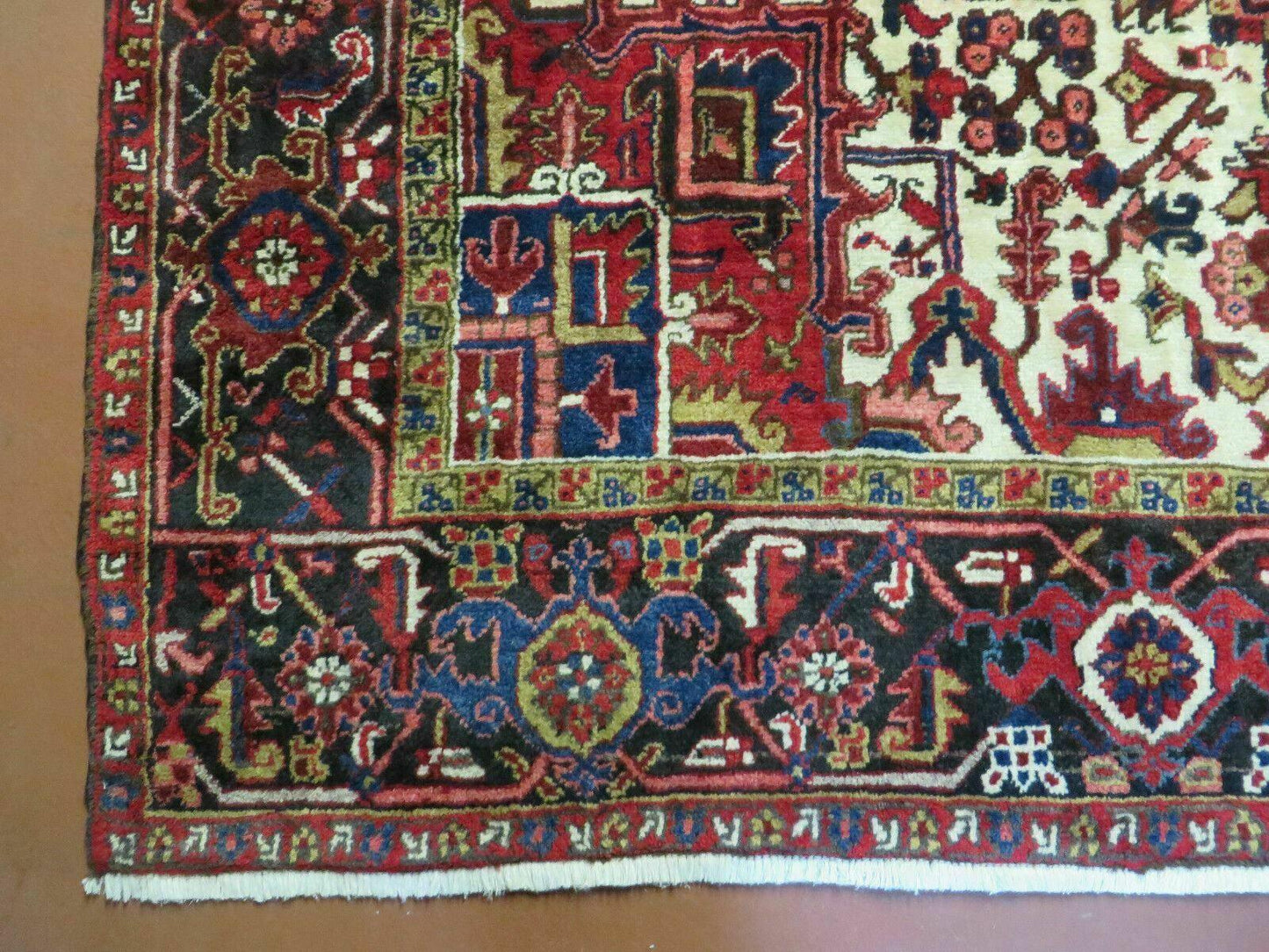 Persian Heriz Rug Hand Knotted Wool Red Ivory Dark Blue 8 Foot 6 Inch By 11 Foot Geometric Medallion Semi Antique