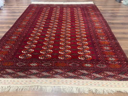 Persian Turkoman Rug 7x9 Antique Red Tribal Carpet With Gul Motif And Geometric Borders