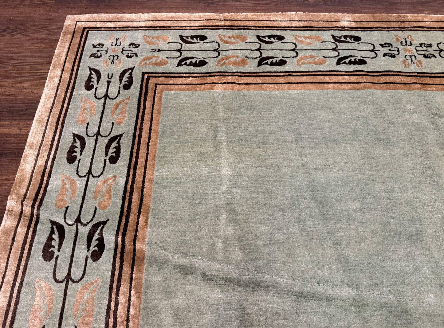 Palace Size Nepali Rug 9x18 Light Mint Green Open Field Wool Hand Knotted Modern Contemporary