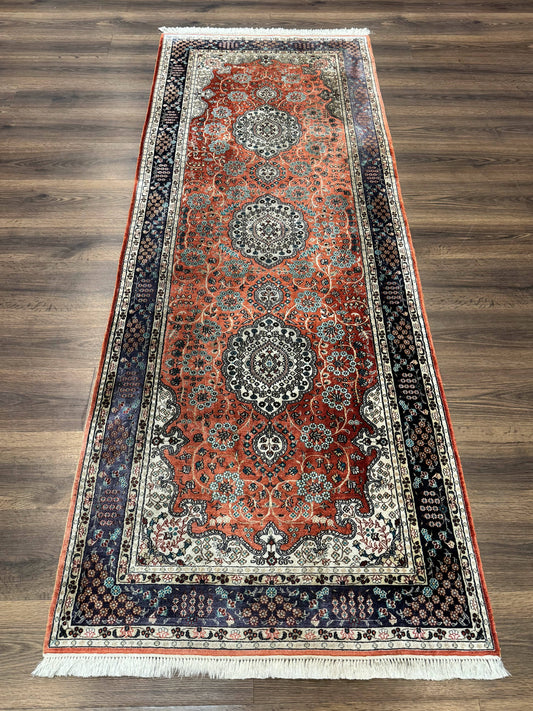 Turkish Silk Runner Rug 3x8 Hand Knotted Red Floral Medallions Vintage Kayseri