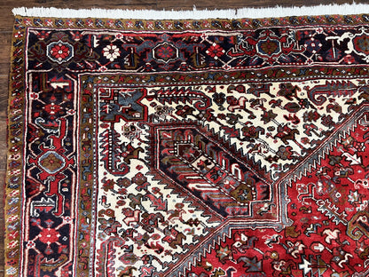 Persian Heriz Rug 10x13 Wool Hand Knotted Antique Carpet Red Ivory Geometric Tribal