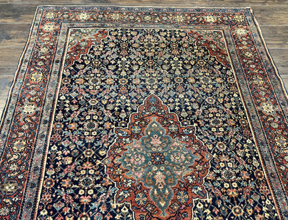 Persian Rug 4x7 Antique Sarouk Farahan Wool Carpet Navy Blue Red